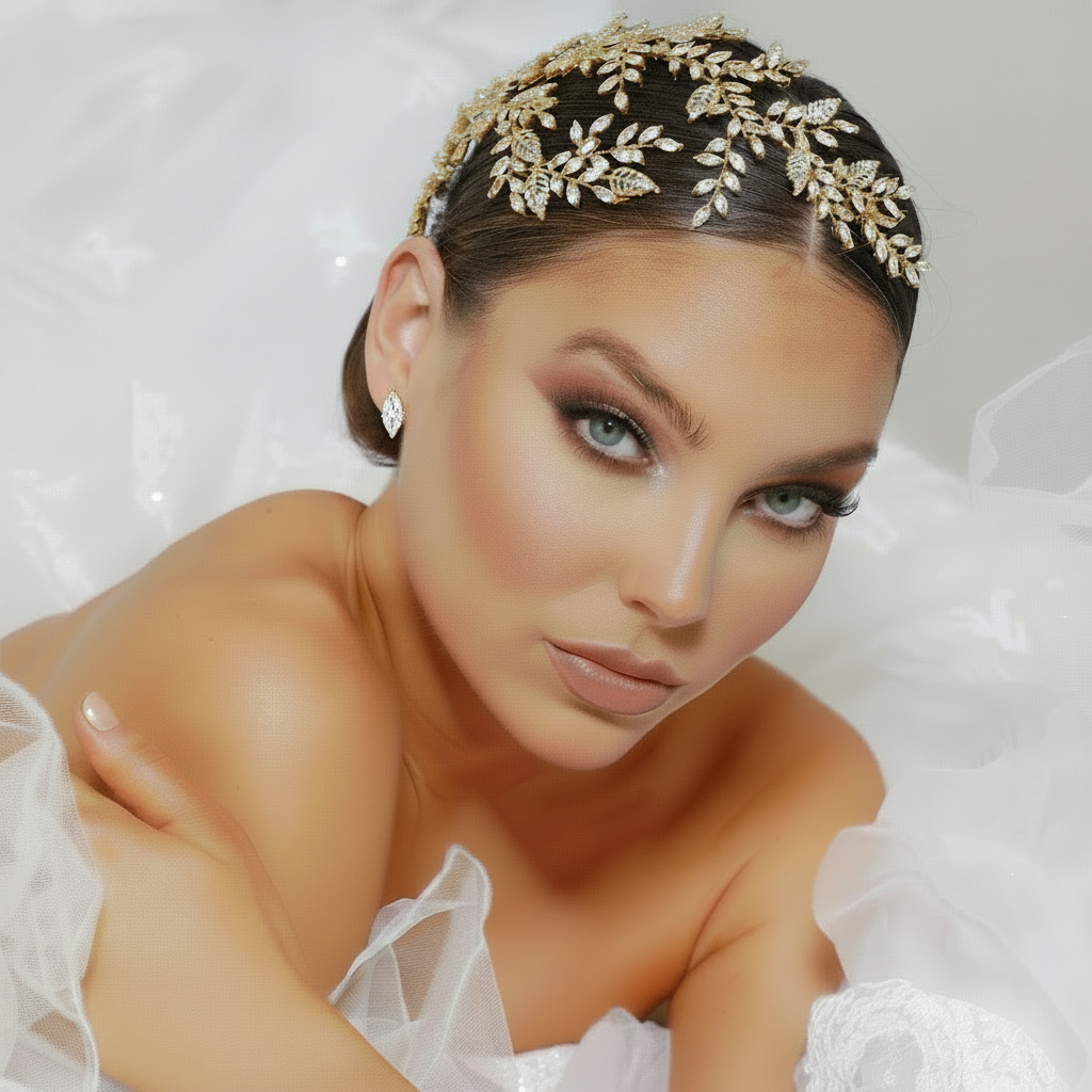 Bride wearing a handmade gold and crystal leaf bridal headpiece by Christelle Jewellery